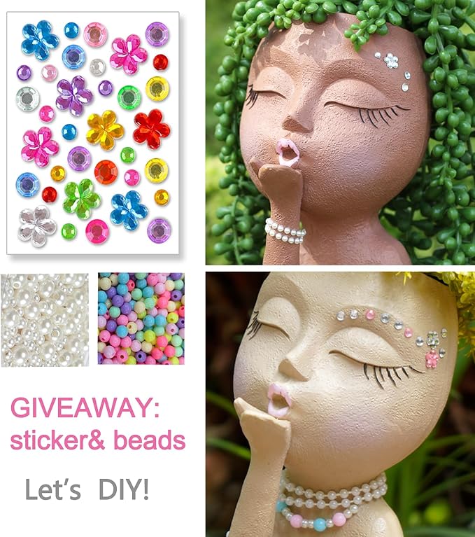 Cute Head Planter Pot/Face Planters for Indoor Plants,with Drainage Hole,Girl Face Flower Pot Cute Lady Head Planters Pot for Indoor Outdoor Plants,Cute Resin Succulent Planter (Khaki)