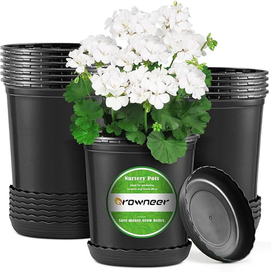 GROWNEER 12 Set 6‘’ 1 Gallon Nursery Pot for Plants Flexible Flower Pots with Drainage Hole and Saucer, Plant Container for Indoor Outdoor, Seedlings, Vegetables, Succulents, Cuttings(Black)
