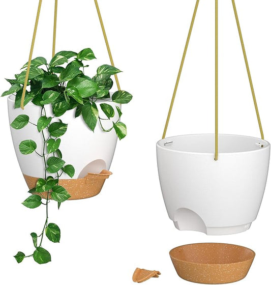 ZMTECH 6.5 Inch Hanging Planters for Indoor Outdoor Plants, 2 Pack Self Watering Hanging Plant Pots with Drainage Holes and Removable Saucer, Plastic Flower Hanging Pots with Watering Lip (White)