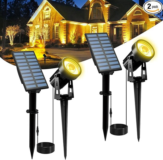 T-SUNUS Solar Landscape Spotlights 2 Pack Warm White, IP65 Waterproof Sopt Lights 9.8ft Cable, Outdoor LED Wall Light 3000K Separated Panel for Tree Flag Yard Garden Driveway Porch Walkway Pool Patio