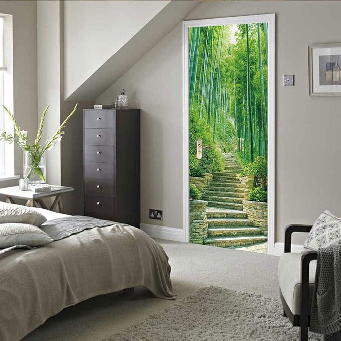 Bamboo 3D Door Stickers - Peel & Stick - Waterproof & Washable - Matt Finish - Green - Rectangular - Nature Theme - Adults - Indoor Use - All Seasons