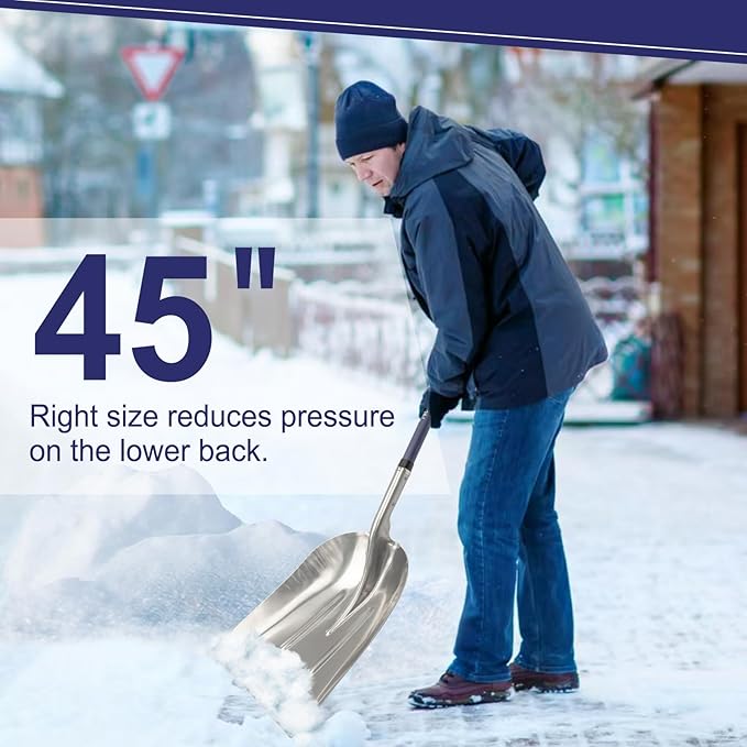 Aluminum Snow Shovel for Driveway, Large Capacity Snow Shovel for Snow Removal, Metal Snow Shovel with Fiberglass D-Handle, 45 Inches