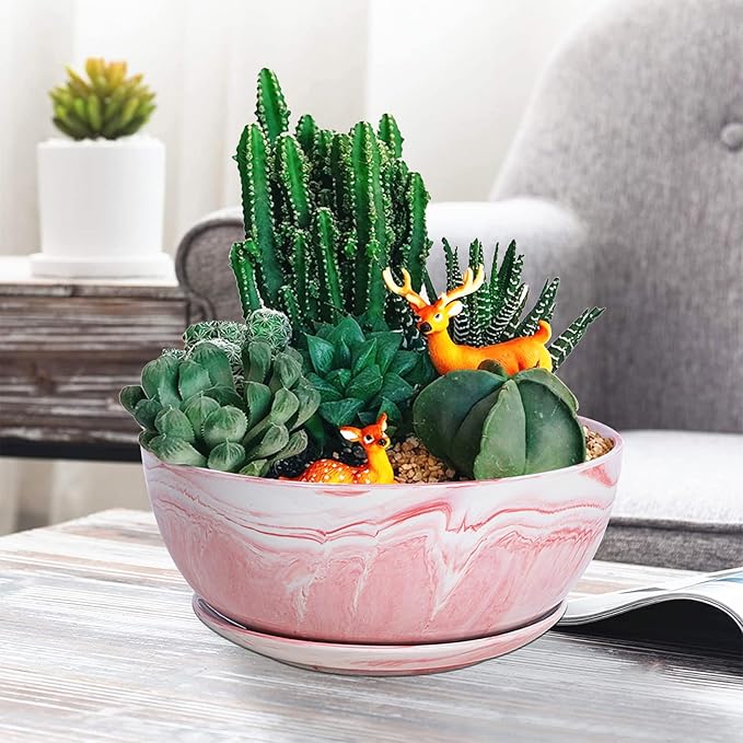 G EPGardening Large Ceramic Succulent Planter Pot with Drainage Hole and Saucer Large Marble Flower Pot for Plants Round Bonsai Planter Pot Indoor Outdoor Pink