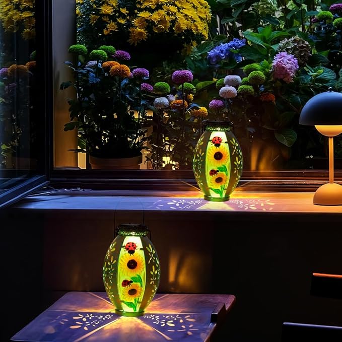 2 Pack Sunflower Solar Lantern,Retro Solar Lanterns Outdoor Waterproof,Stained Glass & Metal Hanging Solar Lantern,LED Tabletop Lamp Solar Lights,Sunflower Outdoor Solar Lanterns for Pathway