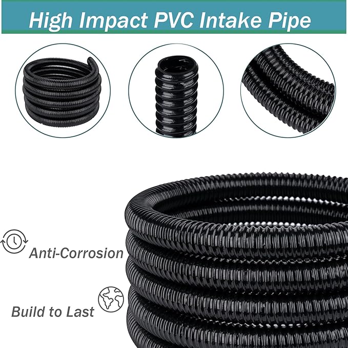 Pond Tubing 3/4” × 20ft- Black Corrugated Flexible PVC Hose, Kinkproof & Strong for Garden Ponds, Waterfall Sump Pump Pond Hose