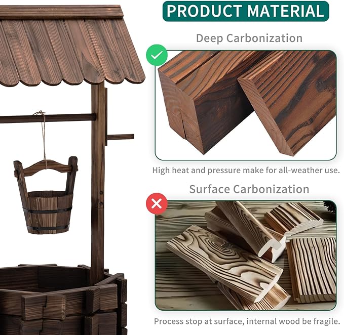 UDPATIO Rustic Solid Fir Wood Wishing Well Planter for Outdoor Plants, 16.5 in Diameter