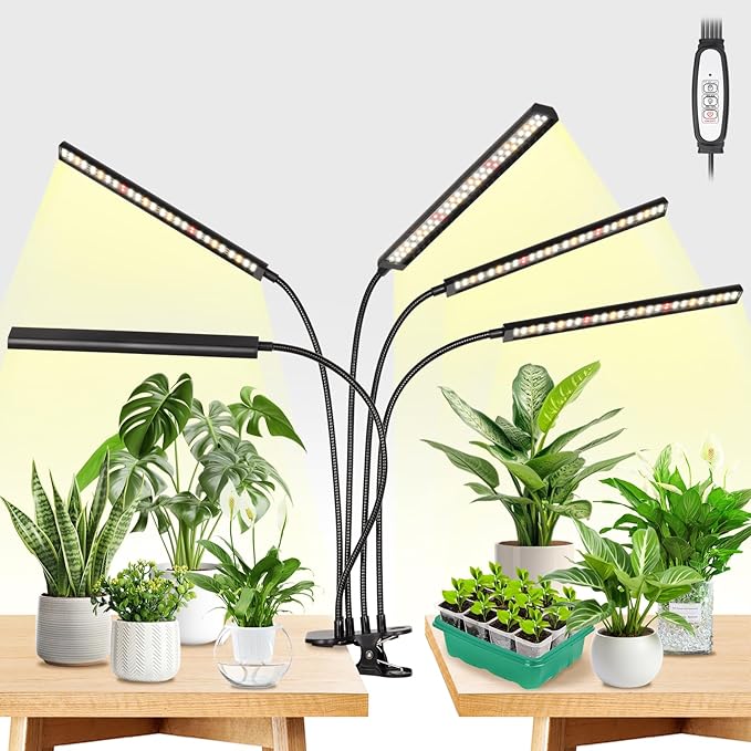 FOXGARDEN® Grow Lights for Indoor Plants Full Spectrum, Plant Lights for Indoor Growing with Timer 4/8/12 H, Five-Head 260 LED Clip Grow Lamp with Gooseneck, 4 Brightness Levels for Plant Growing