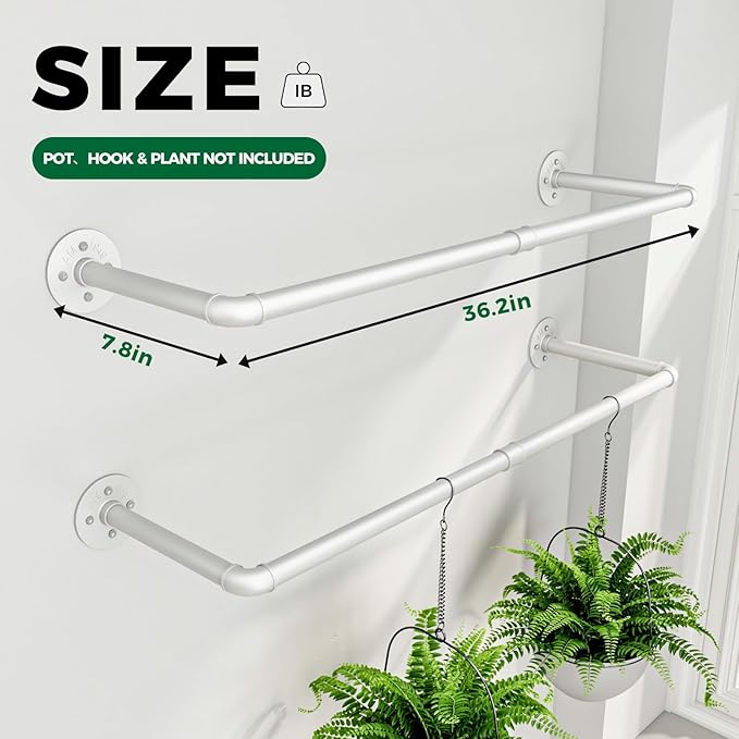 Bamworld Hanging Planters 2PCS for Indoor Plants Hanging Plant Holder Plant Hanger Indoor Ceiling Window Plant Shelves Wall Mount Black Metal Rod(Pot&Plant Not Included) White