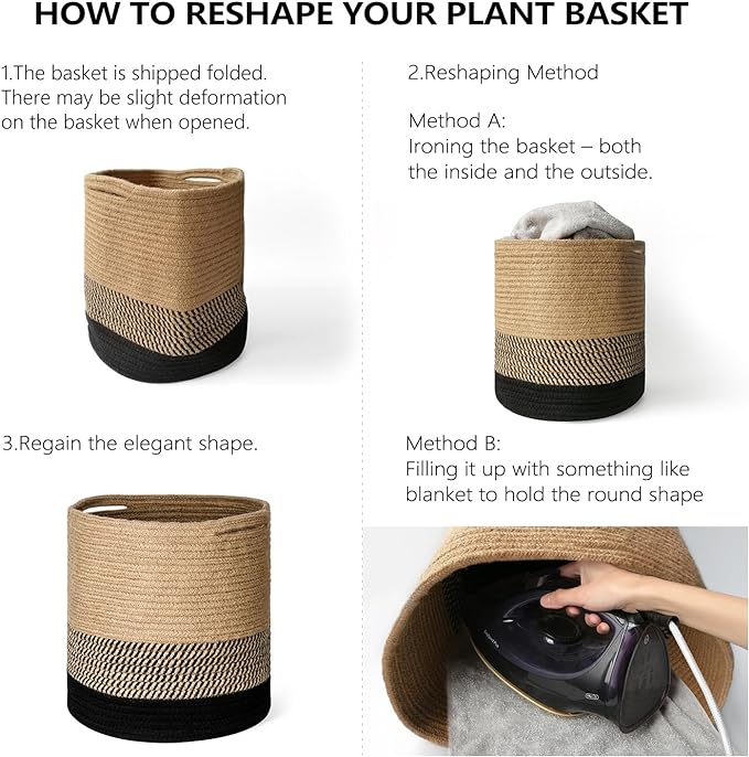 Dahey Jute Spliced Cotton Rope Plant Basket Modern Woven Storage Basket for 10" Floor Indoor Planter, Decorative Flower Pots Cover Laundry Bin with Handle Rustic Home Decor, White and Beige