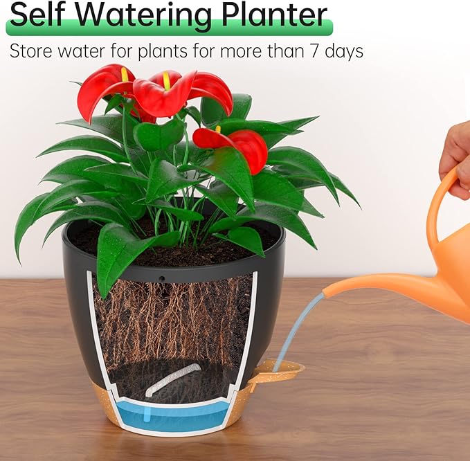 ZMTECH 6.5 Inch Hanging Planters for Indoor Outdoor Plants, 2 Pack Self Watering Hanging Plant Pots with Drainage Holes and Removable Saucer, Plastic Flower Hanging Pots with Watering Lip (Black)