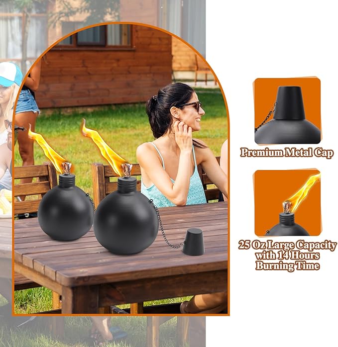 4 Pack Citronella Tabletop Torches, 25 oz Table Top Torches for Outdoor, Metal Oil Burner Candles, Garden Torches with Fiberglass Wick for Yard, Patio, Deck, Garden, Party, Landscape.