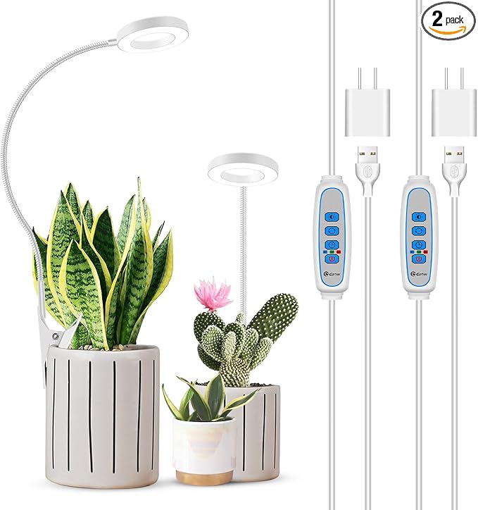 Plant Light Clip on, 6000K White Full Spectrum Grow Lights for Indoor Plants, Halo Grow Lamp with 360° Gooseneck, 6/12/16H Timer, 3 Light Modes, 5 Level Dimmable Indoor Plant Light 2 Pack