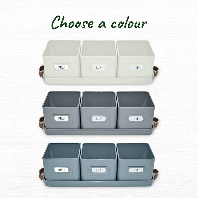 Herb Planter Indoor - Set of 3 Grey Indoor Herb Garden Pots for Plants with Leather Handled Tray - Window Sill Plant Shelf - Herb Pots with Drainage Holes and Labels