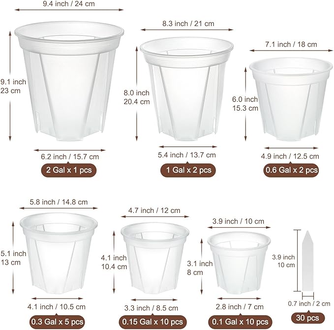 3.9-9.4 Inch Big Size Clear Nursery Pots with Drainage, 6 Sizes 30 Packs Nursery Garden Pots with 10 Plant Labels for Seedling Plants, Nursery Pots Variety for Indoor Outdoor Seed Starter Flower Pots