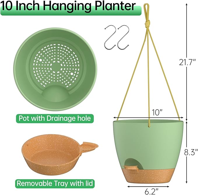 ZMTECH 10 Inch Hanging Planters for Indoor Outdoor Plants, 2 Pack Self Watering Hanging Plant Pots with Drainage Holes and Removable Saucer, Plastic Flower Hanging Pots with Watering Lip (Green)