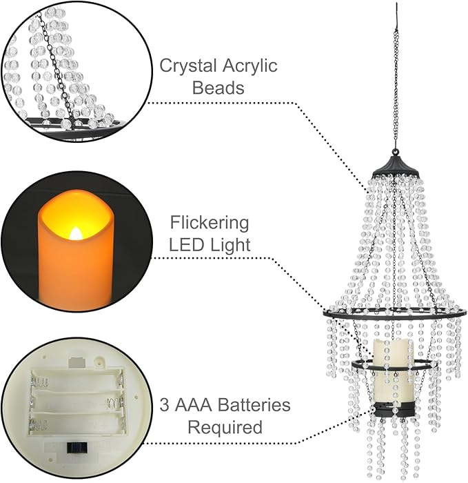 Hanging Candle Chandelier Outdoor, Battery Operated Clear Acrylic Beaded Chandelier with Flickering Led Candle Light S Hooks Modern Lantern for Garden Yard Patio Gazebo Room Indoor Decorations, 28”H