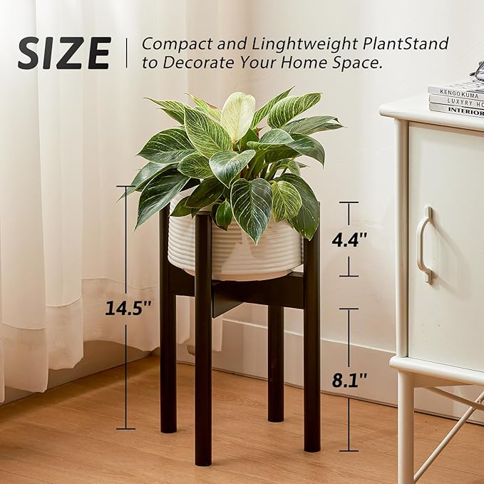 Adjustable Plant Stand Indoor, Bamboo Plant Holder 8 to 12 Inches, Small Corner Planter Stand for Indoor Plants, Single Floor Plant Stand for Living Room Balcony Bedroom, Pure Black