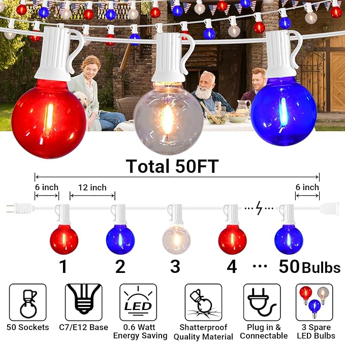 50Ft LED G40 Red White and Blue Lights Outdoor 4th of July Lights with 50+3 Shatterproof Bulbs for Patriotic Decor in Yard Garden Patio - Light up Memorial Day 4th of July Decorations Outdoor, 0.6W