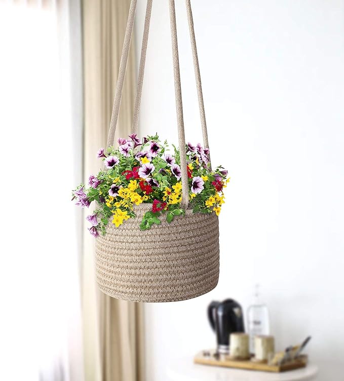 Flexzion Hanging Plant Basket (2 Pack) Cotton Rope Basket Indoor Planter Hanger (up to 7 Inch Flower Pot) Macrame Woven Organizer Bin Home Decor Storage Organizer 20" Hanging Rope, Brown