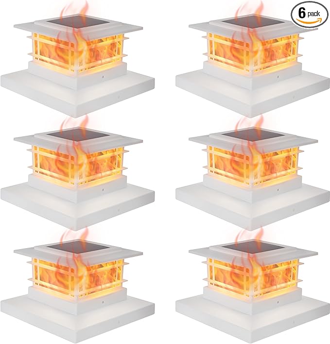 Dynaming 6 Pack Solar Flame Post Lights Outdoor, Solar Powered Fence Post White Shell Cap Light, High Brightness Flickering Flame LED LiVinyl/Wooden Postseck Patio, Fit 4x4 5x5 6x6 Vinyl/Wooden Posts