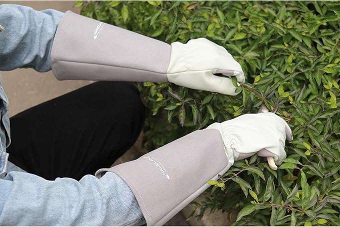 HANDLANDY Long Gardening Gloves for Men & Women, Thorn Proof Rose Pruning Gloves Leather Gauntlets Garden Gloves Yard Work Gloves (Medium, Grey)