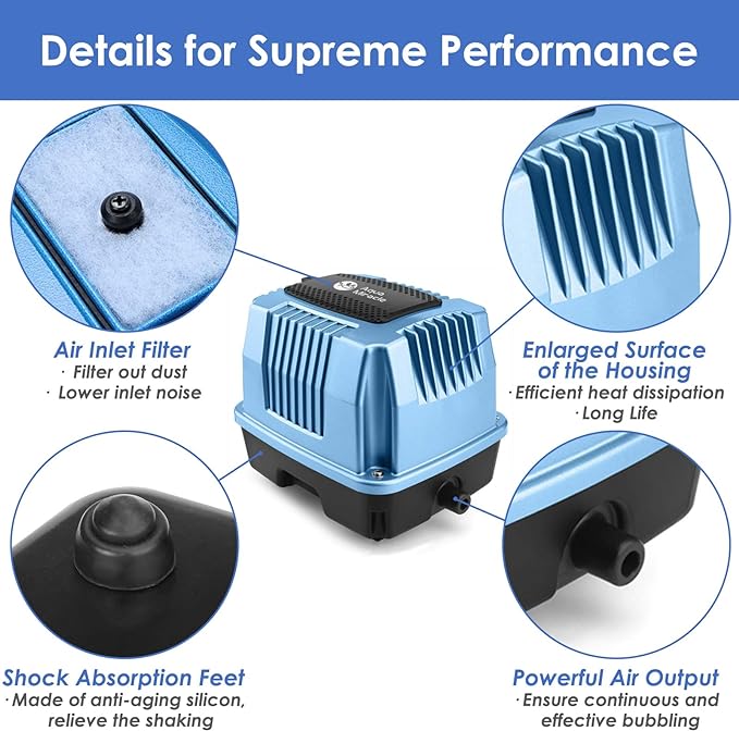 AquaMiracle Super Powerful Linear Air Pump AP-40/AP-60/AP-80 Pond Aerator, Septic Air Pump, Hydroponic Air Pump, Koi Pond Air Pump 635/950/1350GPH, for Waste Treatment, Fish Farm, Seafood Restaurant