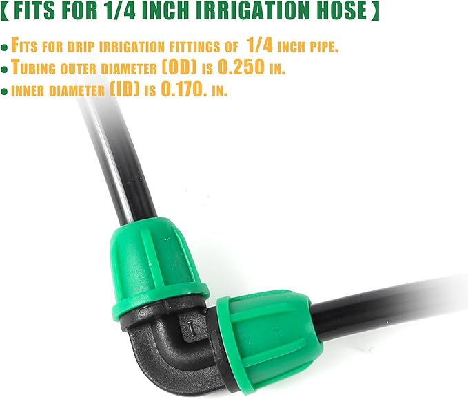 1/4 inch Drip Irrigation Fittings, Lock Barbed Elbow for ¼ in. tubing; Tubing Outside Diameter (OD) is 0.250 in., Internal Diameter (ID) is 0.170. in.(20Pcs/Pack) (Green-Elbow)