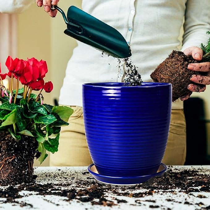 Ceramic Planter Pot - 10 Inch Plant Pot Indoor with Drainage Hole and Saucer Round Planter Large Modern Decorative Flower Pot Outdoor Garden Pot Blue