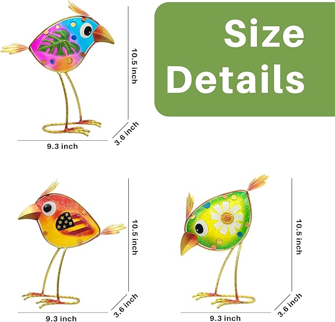 Birds Garden Decor for Outside: Metal & Glass Bird Yard Art, Craft Statue Lawn Ornaments for Outdoor, Housewarming Birthday Gifts for Women (3 PCS)