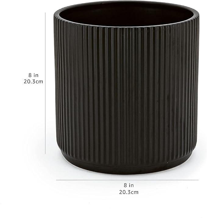 Amazon Basics Fluted Round Ceramic Planter, 8-Inch, Black