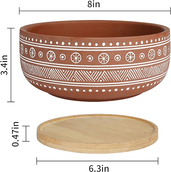 8 Inch Terracotta Succulent Planter Pot with Drainage Hole and Bamboo Tray, Round Shallow Bonsai Pot for Indoor Plants
