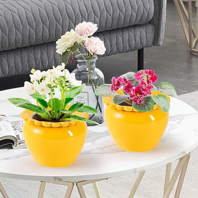 African Violet Flower Pot Self Watering Plant African Violet Planter Pot Yellow Ceramic Pot Maintenance Plant Seeder Planting 6.5 * 4.6 Inch High Absorption Plant Inner Flower Pot