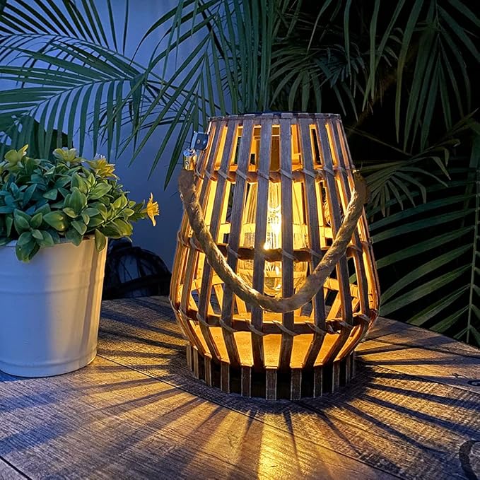 Hanging Solar Lantern Rattan Outdoor Lanterns for Patio Waterproof with Handle Large Bright Natural Bamboo Solar Table Lamp LED Lights Edison Bulb Design Decor for Wedding Yard Garden Farmhouse