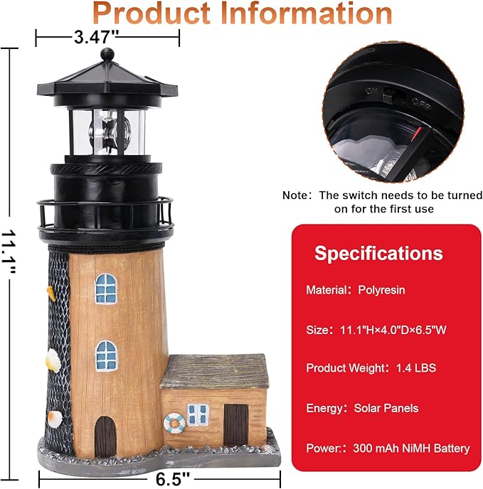Solar Lighthouse with Rotating Beacon,11.1" Outdoor Garden Lighthouse Decor,Waterproof Statue Light House Lamp for Yard Lawn Patio Gifts