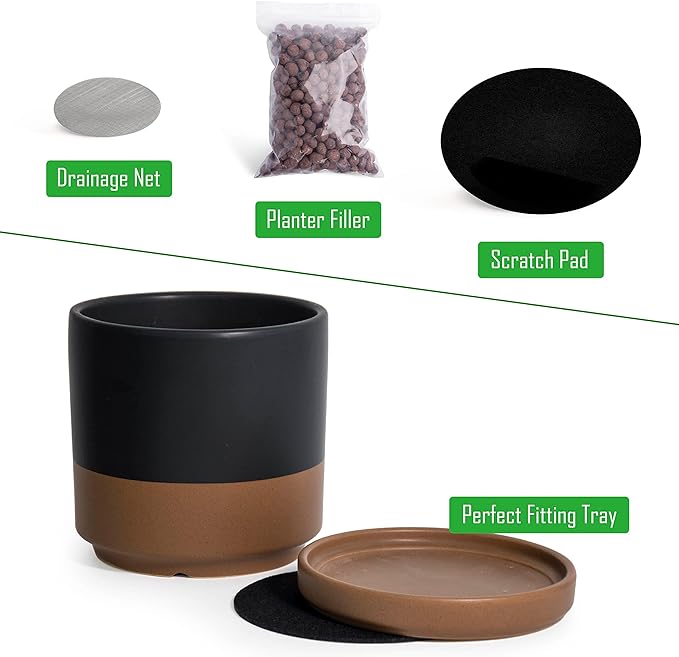 D'vine Dev Set of 2 Plants Pot, 10 Inch Ceramic Planter Pot for Plants with Drainage Hole and Saucer, Black/Speckled Tan, 94-V-E-7