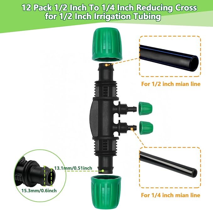 12 Pack 1/2 Inch To 1/4 Inch Drip Irrigation Fittings (1/2" ID x 0.65" OD), Drip Line Irrigation Locked Barbed 1/2" To 1/4" Adapter 1/2 Inch To 1/4 Inch Reducer Tee