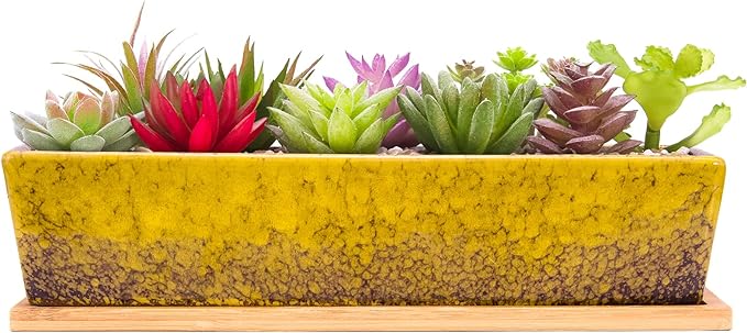 ARTKETTY Succulent Pots - 12.1 Inch Large Succulent Planters Pots with Drainage Tray, Long Rectangle Ceramic Pots for Indoor Cactus/Succulent Plants Shallow Bonsai Window Box for Home Garden Decor
