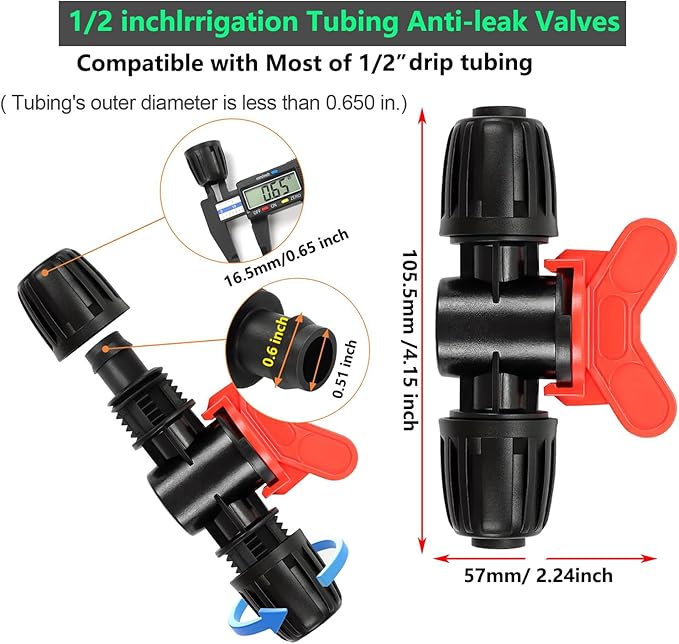 10Pcs Drip Switch Valve, In Line Barb Switch Valve for 1/2 Inch Drip Pipe (1/2" ID x0.64'' OD), Leak-Proof Direct Irrigation Component for Garden Systems