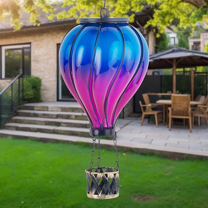 Starsoul Glass Hot Air Balloon Solar Lantern with Flickering Flame Light Blue & Purple Solar Powered Hot Air Balloon Lamp Waterproof Hanging Solar Lantern for Garden Yard Patio Porch Decor