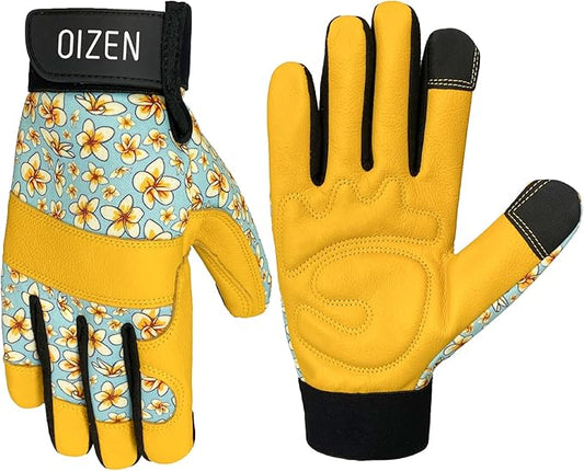 Cowhide Leather Thorn Proof & Puncture Resistant Gardening Gloves for Women and Men, Touchscreen Compatible Working Gloves for Weeding, Digging, Planting, Gardening Gifts for Women (Size Large)