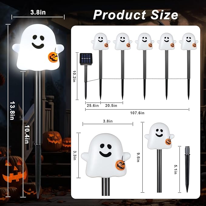 Solar Halloween Ghost Pathway Lights, 10 Pack Ghost Stake Lights with Pumpkin Design, Durable Waterproof Outdoor Halloween Decoration for Garden, Walkway, and Yard (10Pcs PGhost)