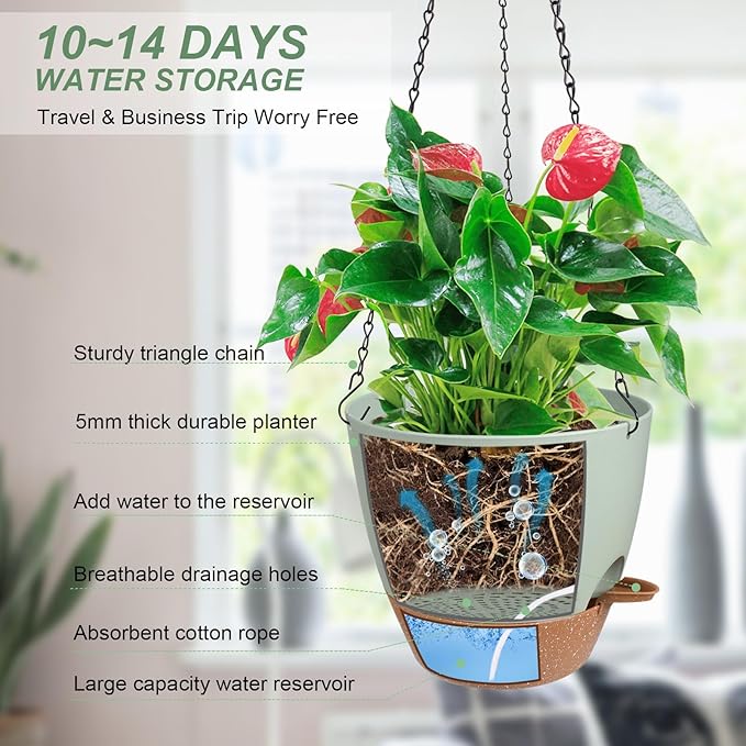 Hanging Planters for Indoor Outdoor Plants, 1 Set Self Watering Hanging Pot with Drainage Holes & Removable Tray (Green-12inch, 12'')