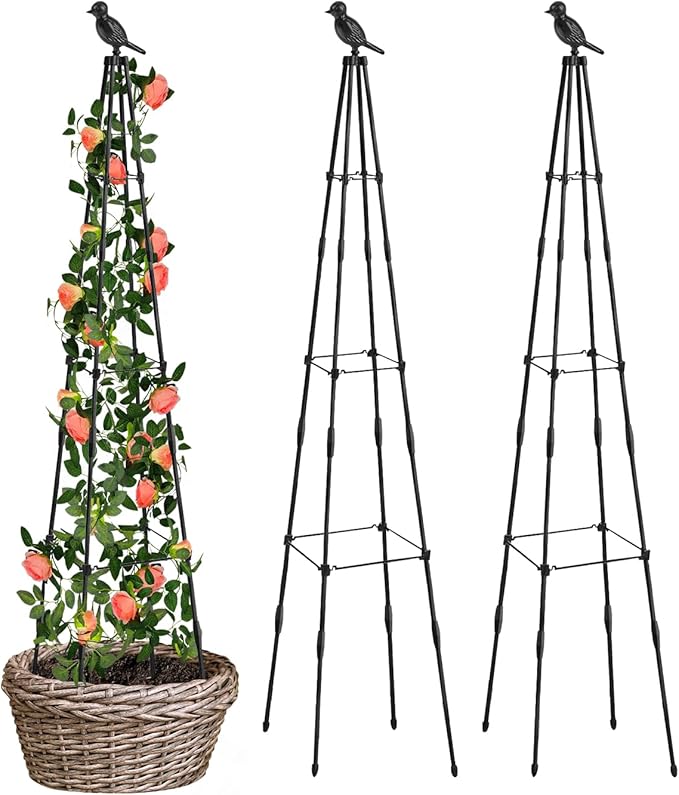 Trellis for Climbing Plants Outdoor, 2 Pack Plant Trellis Support for Climbing Vine, Plant Support Tower Cages Plastic Coated Metal Pipe Supports for Outdoor Indoor,Tomato cage (Black, 5 FT)