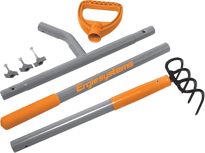 ERG-CLTV45 w/54, 5-in-1 Impact Resistant Garden Soil Cultivator w/ 5-in-1 Piece Forged Steel Head, 4-Tine, 54-Inch Shaft, w/Patented Ergonomic Second Handle, Gray/Orange