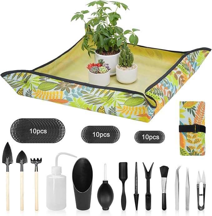 Repotting Mat for Indoor Plants, Foldable Waterproof Plant Potting Soil Mat Tray with 13 Pcs Garden Transplanting Succulent Tools and 30 Pcs Mesh Pads for Outdoor Care (Green)