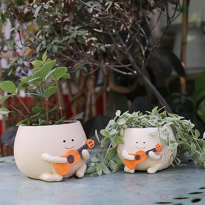 Face Planter Pots for Indoor Plants Cute Guitar Plant Pot, Smiley Face Flower Pots Succulents Planter Gift Ideal for Mother and Christmas (L)