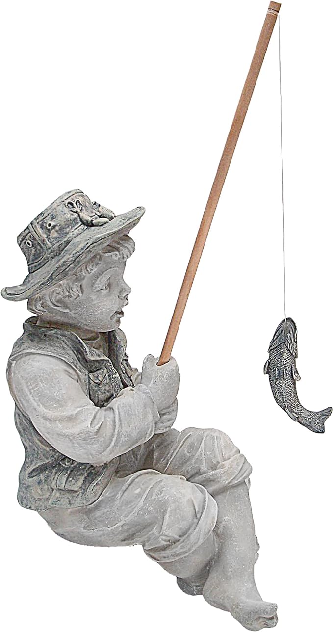 Design Toscano Frederic the Little Fisherman of Avignon Boy Fishing Garden Statue, 15 Inch Tall, Cast Stone Resin, Two Tone Stone Finish