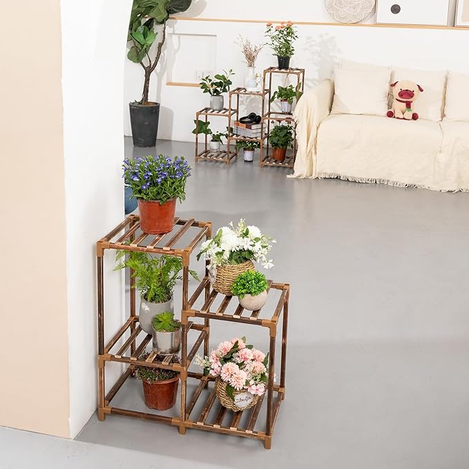 Uneedem Wood Plant Stand Indoor Outdoor Corner Plant Shelf Stand, 5 Tiered 10 Potted Flower Plant Stands for Indoor Plants Multiple, Plant Shelves Stands Rack for Living Room, Patio, Balcony