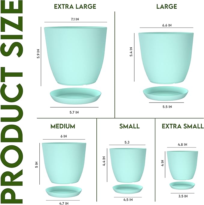 Utopia Home - Plant Pots Indoor with Drainage - 7/6.6/6/5.3/4.8 Inches Home Decor Flower Pots for Indoor Planter - Pack of 5 Plastic Planters for Indoor Plants, Cactus, Succulents Pot - Aqua
