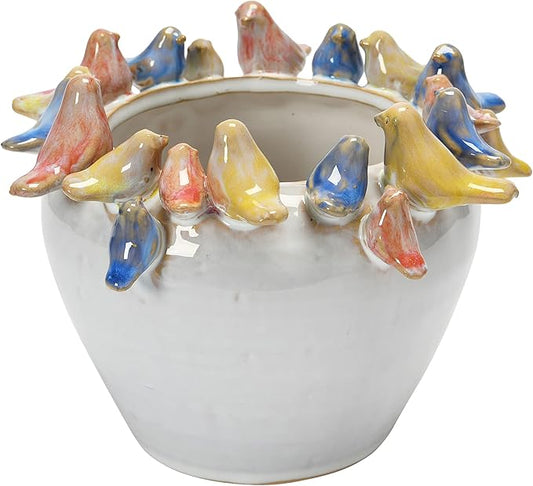 Creative Co-Op Stoneware Planter with Birds on Rim, Reactive Glaze